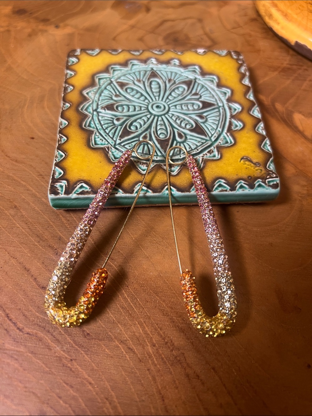 Sunset Ombre Pavé Rhinestone Safety Pin Statement Earrings & Brooch Pins